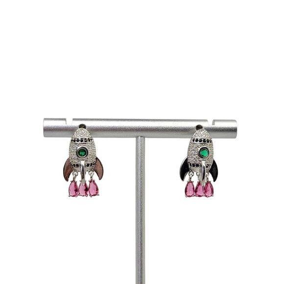 Cubic Zirconia Multicolor Retro Rocket Ship Stud Earrings - Picture 2 of 8
